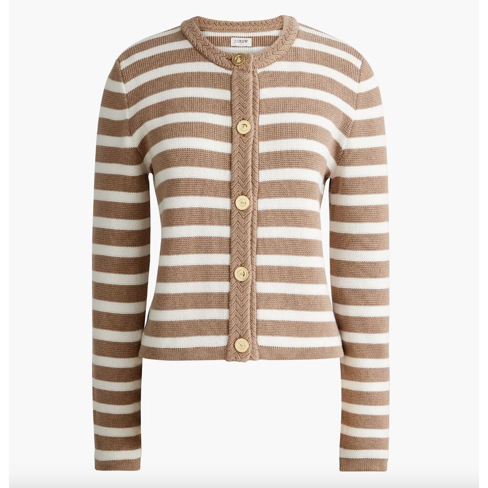 J. Crew Tan and White Striped Button-Front Cardigan